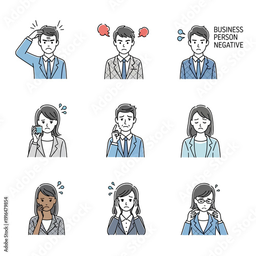 Set of Nine Expressions Business People Showing Negative Emotions and Stress Icons