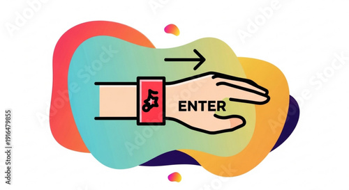 Colorful hand with smartwatch and enter text on palm pointing right on abstract background