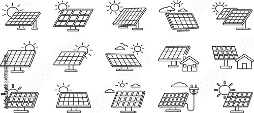 Collection of solar panels with various weather conditions and surroundings illustrated