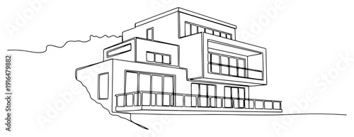 Minimalist one line drawing of a modern tiered villa on a hillside with large glass windows and terraces