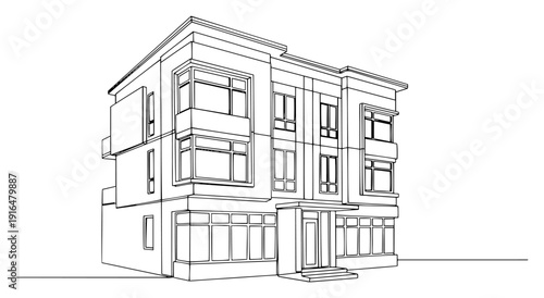 Continuous line drawing of a modern luxury apartment building with contemporary architectural design