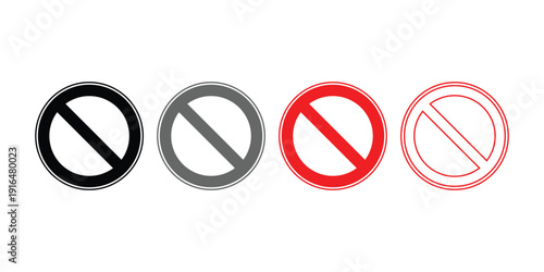 Ban icon flat icon set in different styles. Line solid filled and outline colorful icons. Vector symbol and sign collection.