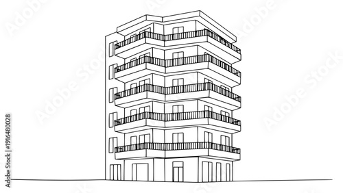 Minimalist architectural line drawing of a modern multi story residential building with balconies
