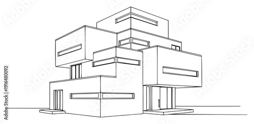 Contemporary cubic luxury villa architectural line drawing with minimalist geometric design