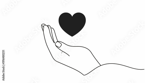 Minimalist Line Art Hand Offering a Solid Black Heart Icon