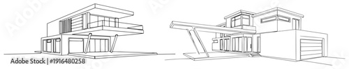 Architectural line drawing of two modern luxury residential houses with minimalist design