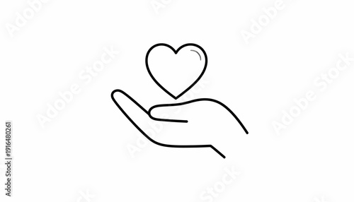 Minimalist Outline Icon of Open Hand Holding a Heart Symbol for Care and Donation