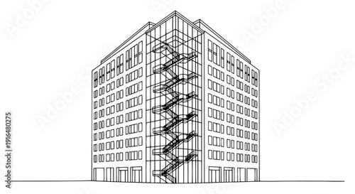 Modern commercial office building architectural sketch featuring a prominent external glass staircase
