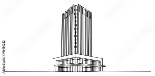 Minimalist architectural line drawing of a tall modern skyscraper with vertical facade details
