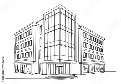 Modern commercial office building exterior with glass facade in elegant line art drawing