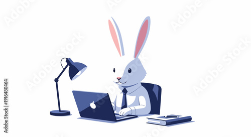 A cartoon rabbit in a business tie sits at a desk working on a laptop with a lamp and books nearby against a plain white background with a professional and focused mood.