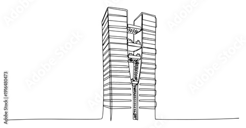 Minimalist architectural line drawing of a unique split high rise skyscraper building