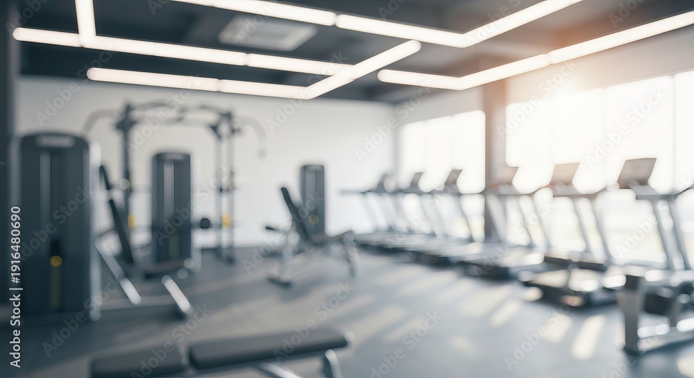 Fototapeta premium Serene Atmosphere in a Brightly Lit Minimalistic Gym with Blurred Weights Equipment for Tranquility