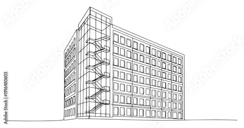 Large modern office building with glass staircase facade in clean line art drawing