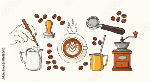 Hand-drawn illustration of various coffee-making tools and accessories, including a barista creating latte art, a grinder, portafilter, tamper, and scattered coffee beans.