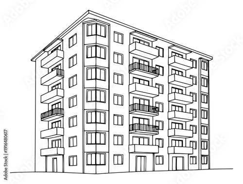 Contemporary multi story residential building with balconies in elegant line art style