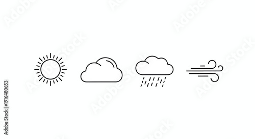 A set of four minimalist line art weather icons depicting sun, cloud, rain, and wind conditions on a white background.