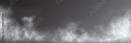 Fog, smoke, mist, and steam on transparent background, panoramic view, vector design