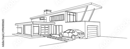 Modern residential villa with garage and parked car architectural line drawing sketch