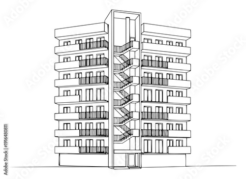 Minimalist one line drawing of a modern apartment building with balconies and central staircase