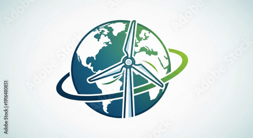 Eco friendly wind turbine on a globe with green and blue gradient symbolizing renewable energy and sustainability