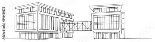 Modern office complex with connecting skybridge walkway in elegant line art style