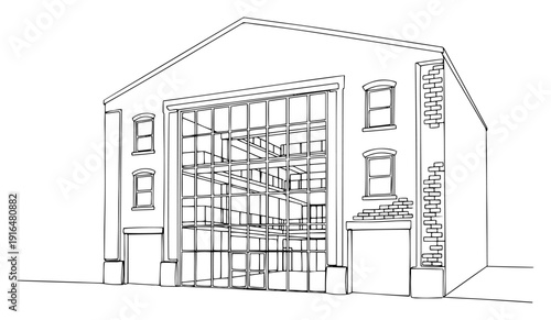 Modern renovated warehouse with large glass facade in clean line art drawing