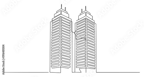 Minimalist one line drawing of two modern skyscrapers with tall urban architecture