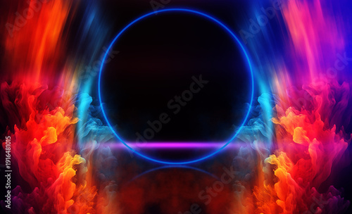 Background of an empty black corridor with neon light. Abstract background with lines and glow