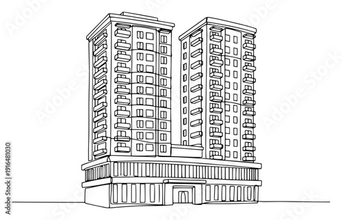 Single line art vector of a large modern apartment building with balconies and urban design
