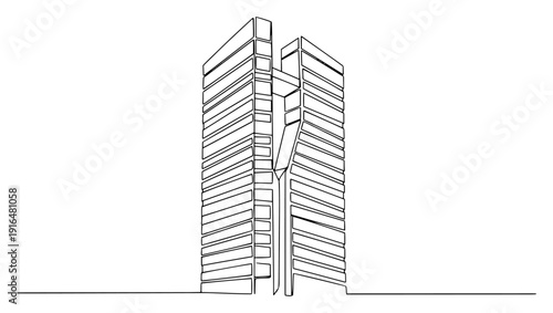 Modern tall building with vertical central split and connecting bridges in minimalist line art