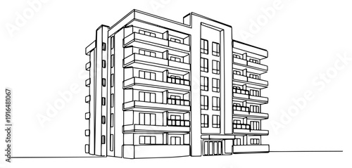 Contemporary multi story apartment building with balconies in clean minimalist line art style