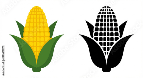 Set of two corn cob icons, one colorful and the other a black and white silhouette
