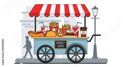 Illustration of a street food cart with a red and white striped awning, offering various snacks and drinks like hot dogs, fries, pretzels, and coffee, with a person walking by.