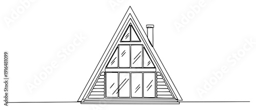 Modern a-frame cabin architectural line drawing with large front glass windows