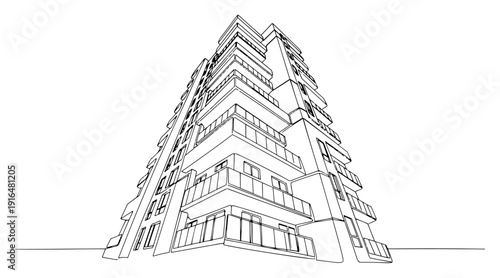 Modern multi story apartment building with balconies in perspective line art style