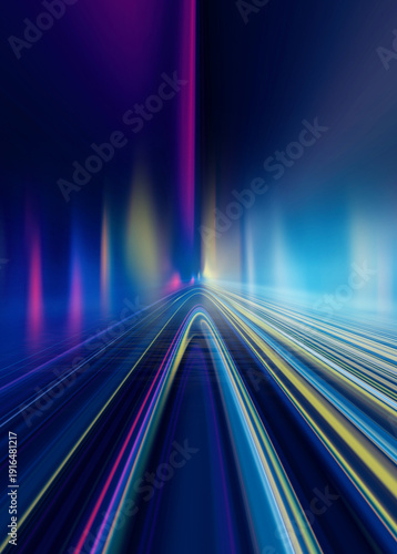 Abstract dark futuristic background. Ultraviolet multicolored beams of neon light reflect off the water. Background of empty stage show, beach party. 3d illustration