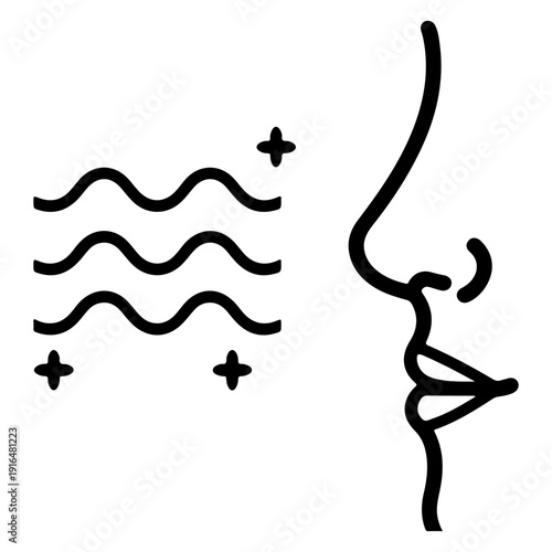 A drawing of a nose smelling wavy lines with plus signs