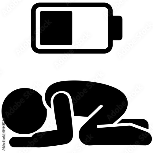 A person kneeling on the ground with a low battery symbol