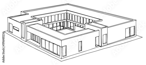 Modern minimalist flat roof house with interior courtyard in elegant line art