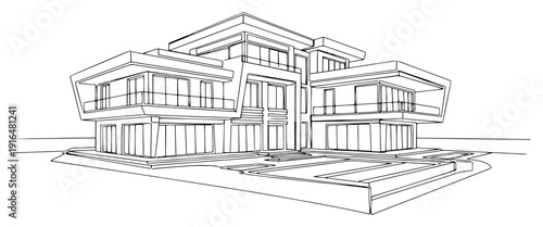 Luxury modern multi level villa exterior with large balconies in detailed line art style