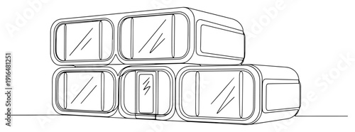 Futuristic modular capsule housing units architectural line drawing in minimalist style