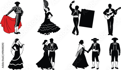 Spanish flamenco dancers silhouettes with guitarist, matador, traditional costumes, cultural performance vector illustration set isolated on white