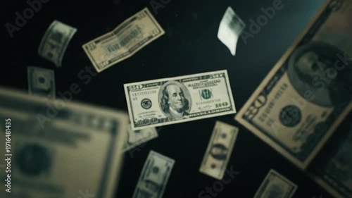 Floating bills of wealth suspended in midair against a dark dramatic background, captured in a striking photographic view of abundance