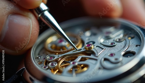 Watchmaker uses tool to fix complex clockwork mechanism. Close view on tiny gears and parts inside wristwatch. Detailed repair of mechanical watch.