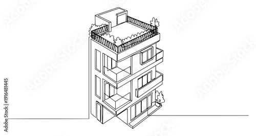 Single line art illustration of a narrow modern apartment building with balconies and roof garden