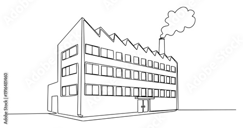 Minimalist architectural line drawing of an industrial factory with sawtooth roof and smoking chimney