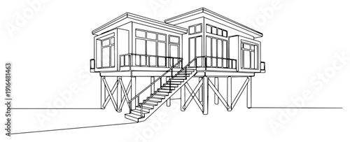 Modern stilt house design with long staircase in minimalist line art style