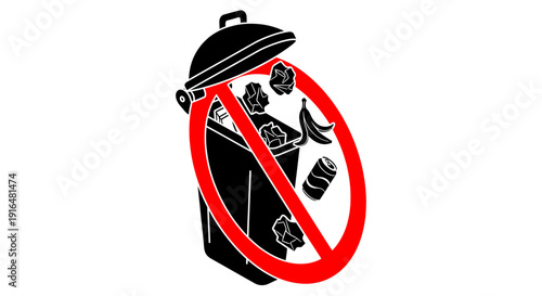 No Littering Environmental Prohibition Sign with Trash Bag and Plastic Waste Inside Red Circle Slash – Bold Black Silhouette Eco Awareness Symbol Representing Anti Pollution Campaign, Clean Public Spa