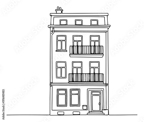 Classic European townhouse facade with balconies in clean line art drawing